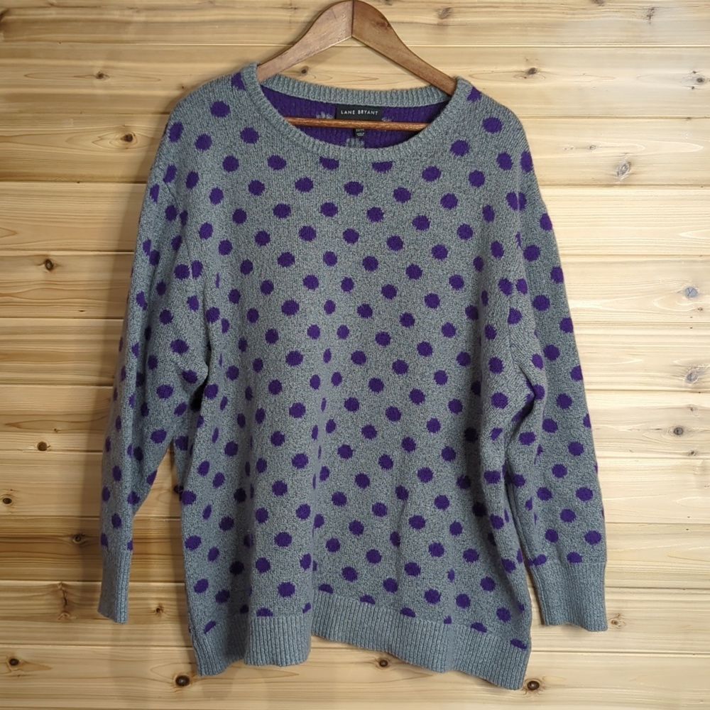 Lane Bryant Gray Crewneck Sweater with Purple Polka Dots